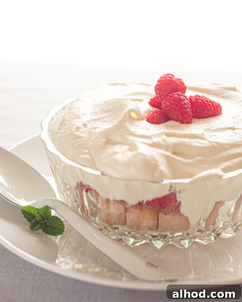 A beautiful, layered raspberry trifle in a clear glass bowl, showcasing its vibrant colors and textures.