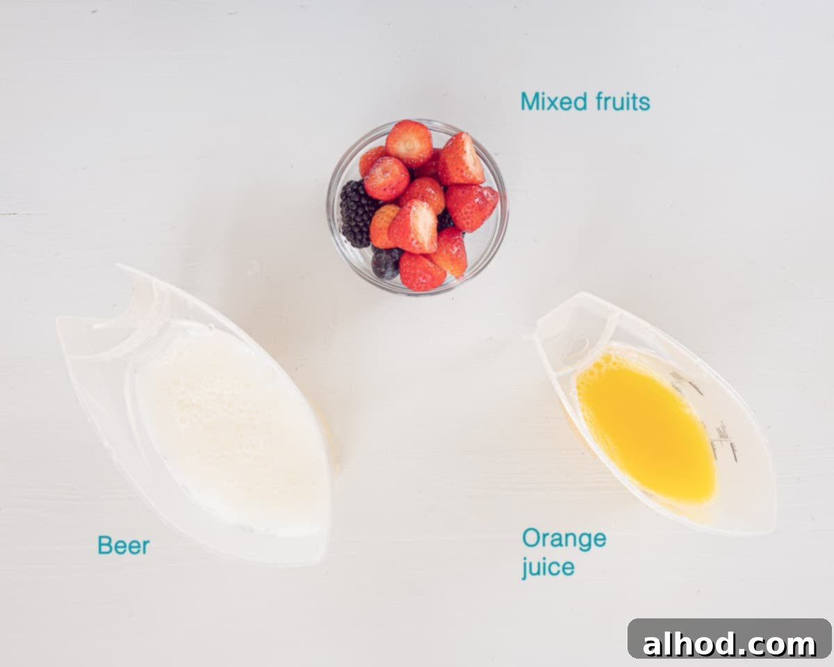 Hoppy Frost 3 Ingredients Beer Sorbet, three ingredients, individually labelled on a white background