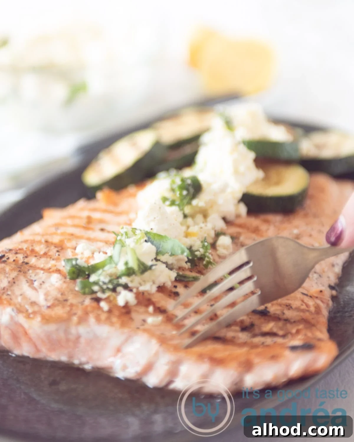 Grilled Salmon & Zucchini Delight 2 Grilled salmon and zucchini with a feta dressing