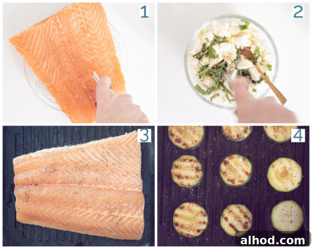 Grilled Salmon with Zucchini Delight 4 4 collage photo collage showing steps of grilling salmon and zucchini with feta