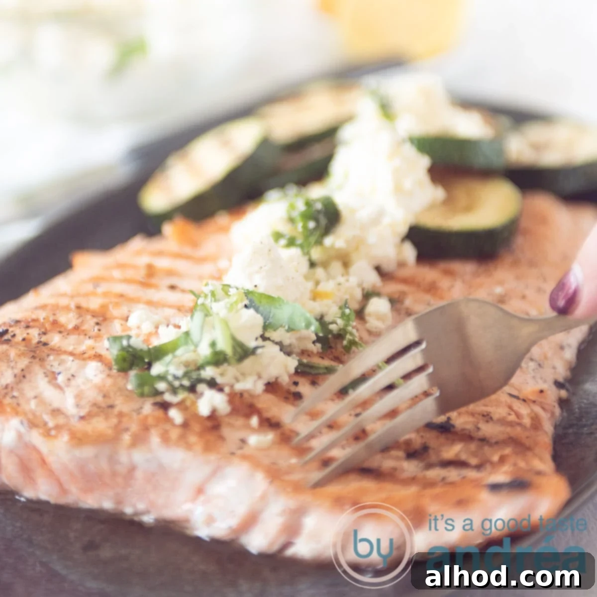 Grilled Salmon & Zucchini Delight 6 Grilled salmon and courgette with a feta dressing