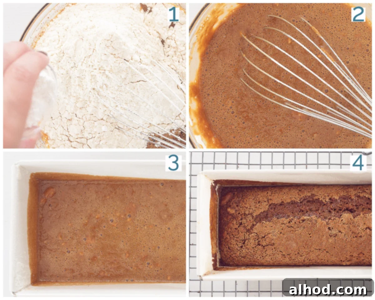 Dutch Gingerbread Loaf 3 Two steps in making gingerbread spice bread, showing the batter being mixed and poured into a loaf pan, illustrating the simplicity of the process.