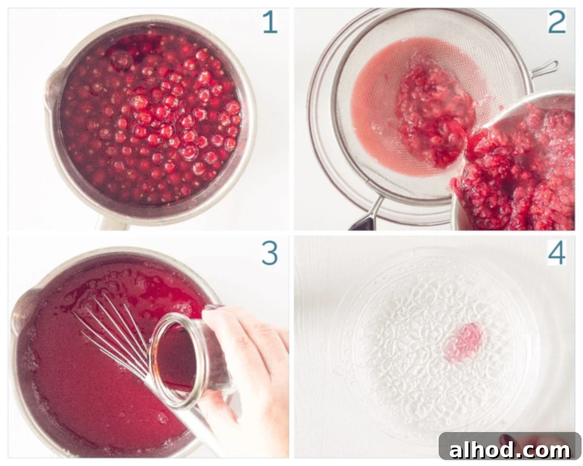 Rich Redcurrant and Port Jelly 4 A 4-panel collage photo illustrating the preparation steps for Redcurrant and Port Jelly, showing berries simmering, straining juice, boiling jelly, and filling jars.