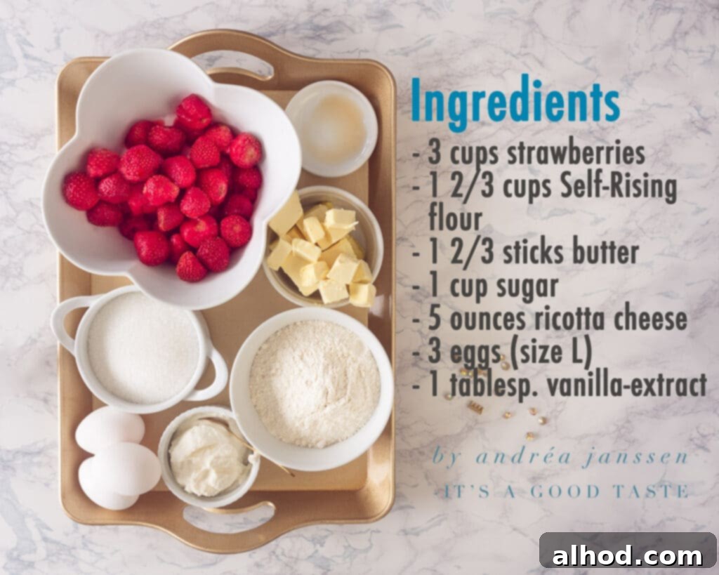 Dreamy Strawberry Ricotta Cake 3 A flat lay of fresh ingredients including strawberries, flour, butter, sugar, ricotta, eggs, and vanilla extract for making strawberry ricotta cake.