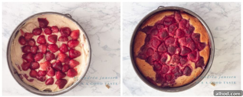 Dreamy Strawberry Ricotta Cake 7 A strawberry ricotta cake baking to golden perfection in the oven.