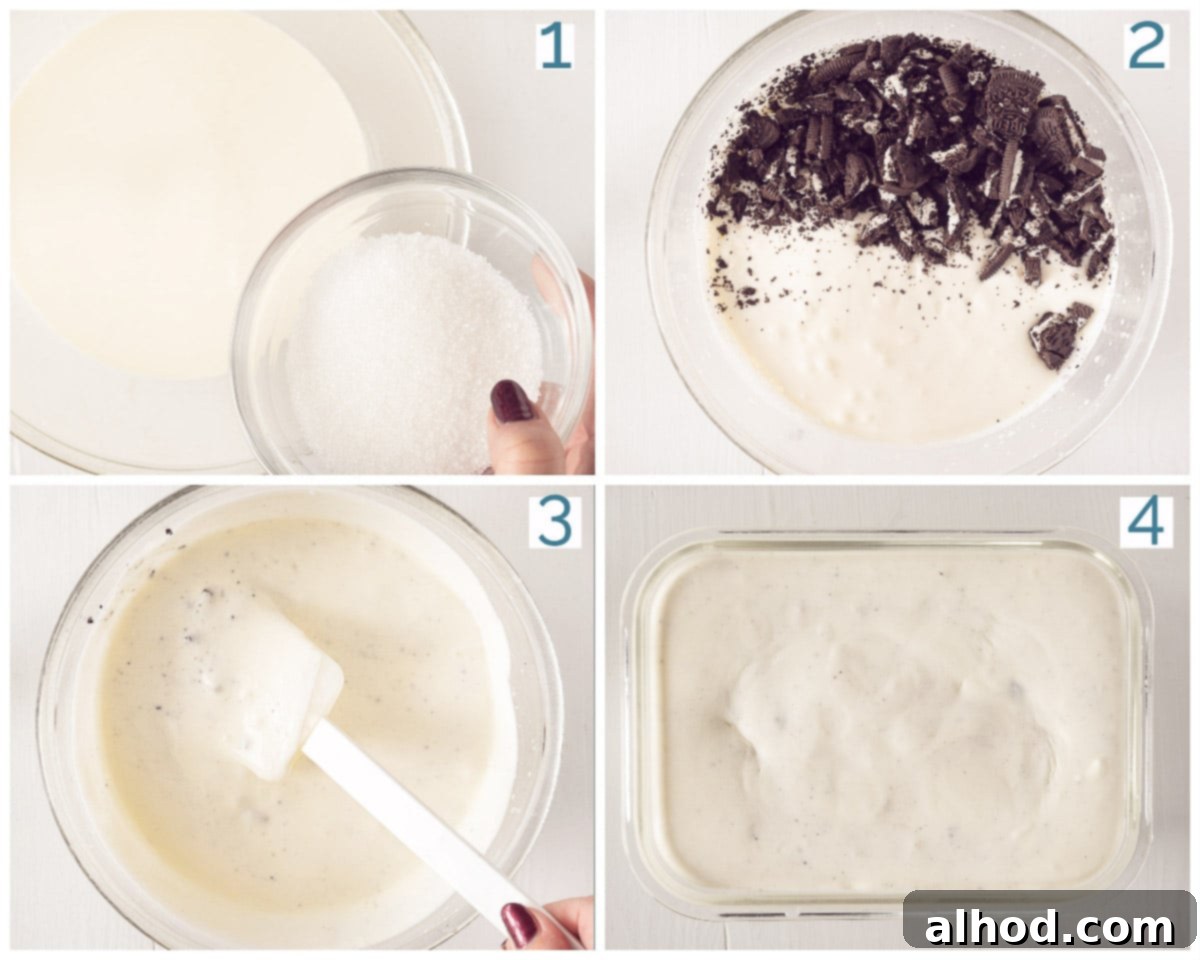 Creamy Egg-Free No-Churn Oreo Gelato 4 A visual guide showing four steps to make no-churn Oreo ice cream: crushing cookies, whipping cream, folding ingredients, and freezing in a container.
