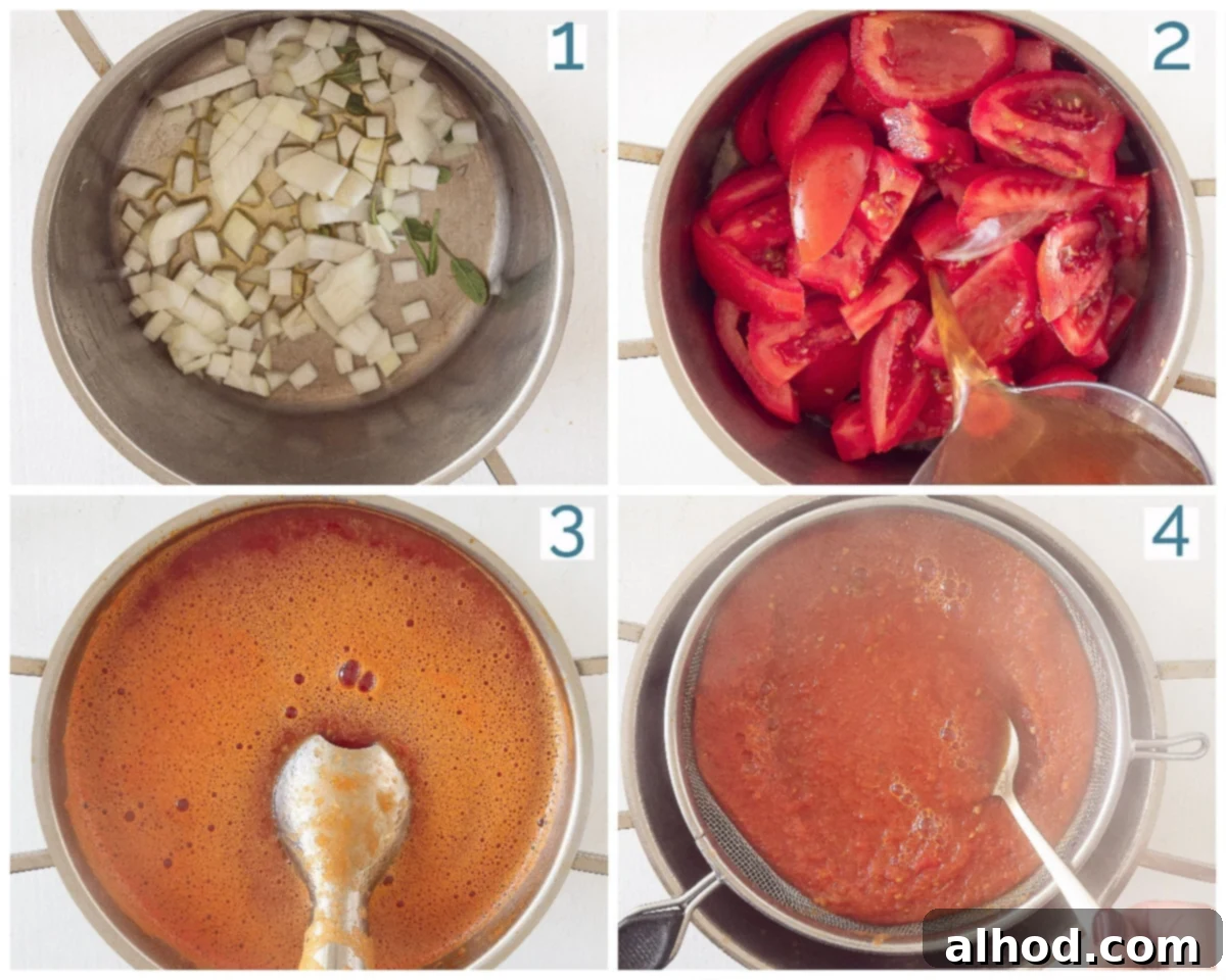 Creamy Tomato Mascarpone Soup 4 Frying chopped onion and sage in a soup pan with olive oil on a clean white background