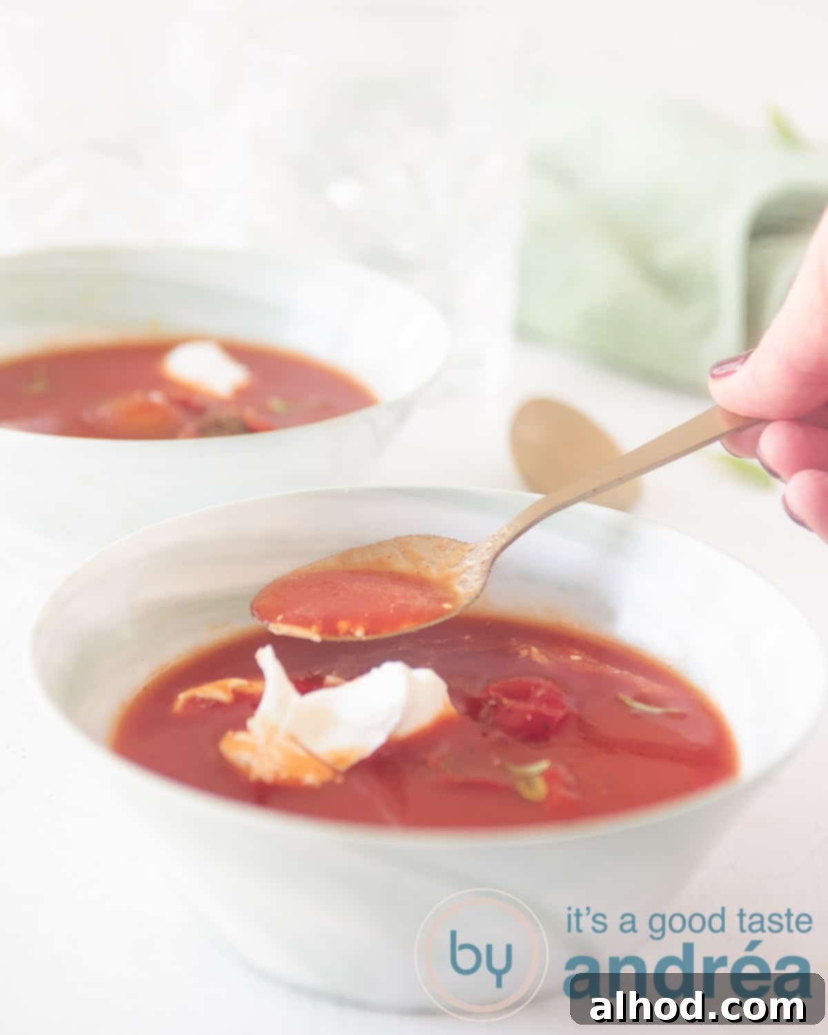 Creamy Tomato Mascarpone Soup 5 A beautifully presented bowl of Italian tomato soup with mascarpone and fresh tomatoes, garnished with basil