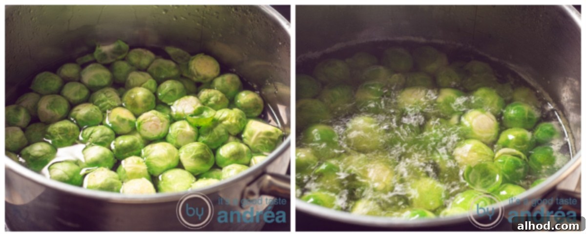 Caramelized Bourbon Brussels and Crispy Bacon 5 Freshly boiled Brussels sprouts being drained in a colander.