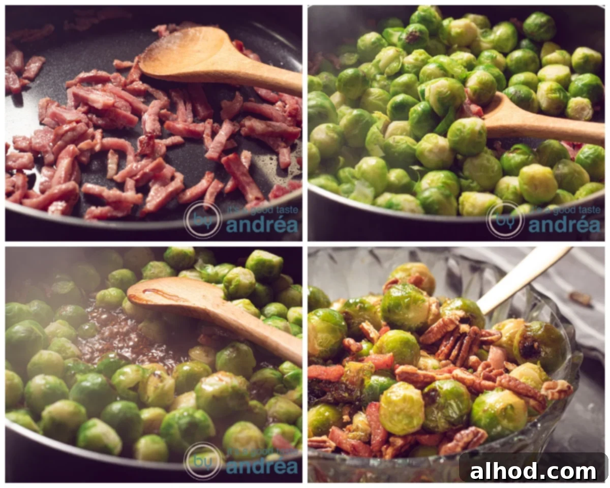 Caramelized Bourbon Brussels and Crispy Bacon 7 Sizzling bacon and par-boiled Brussels sprouts being stir-fried in a large skillet.