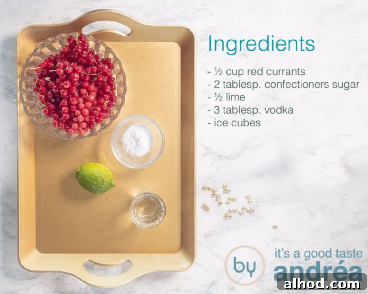 Simple and Refreshing Red Currant Caipirinha 3 Ingredients for a red currant caipirinha, including fresh limes, red currants, confectioner's sugar, and a bottle of Cachaça or vodka.