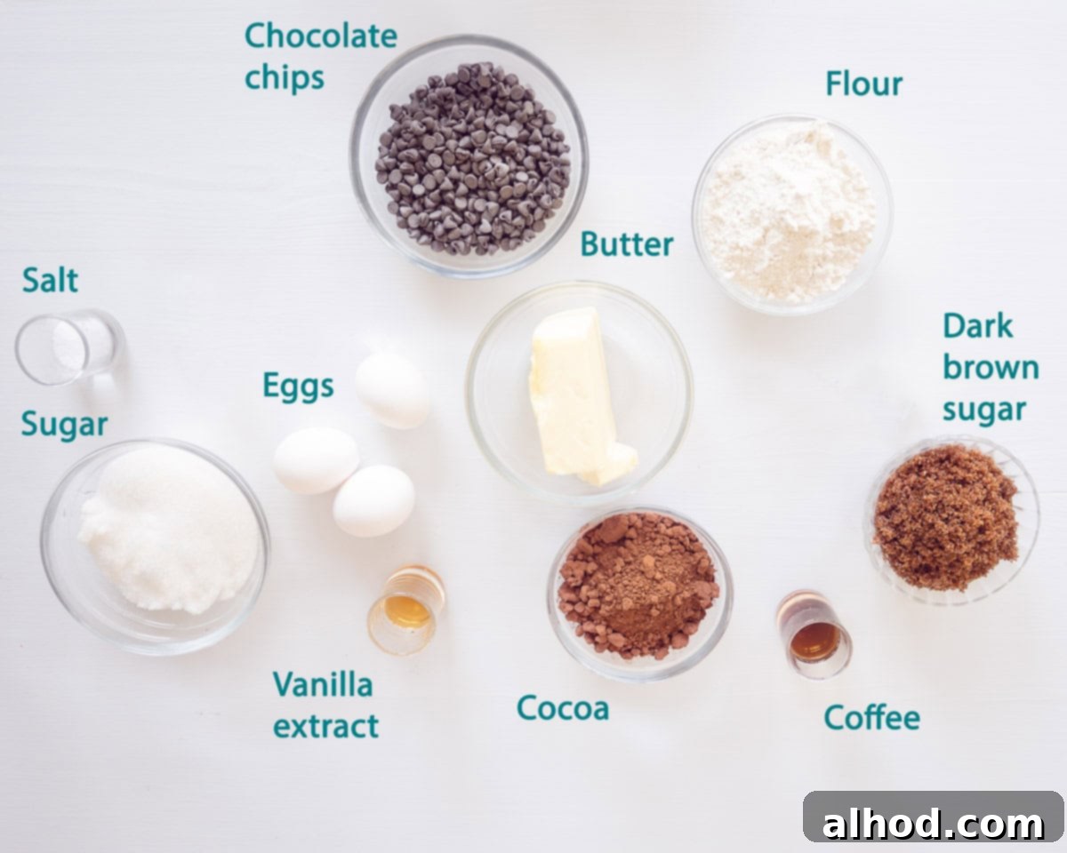 Decadent Chocolate Cheesecake Brownies 3 Ingredients chocolate brownie layer on a white background. A text describing the ingredients is there.