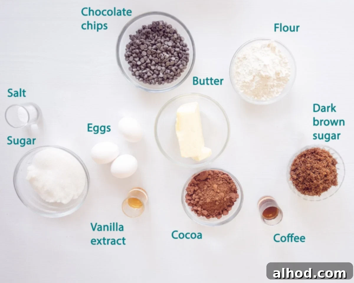 Decadent Chocolate Cheesecake Brownies 3 Ingredients chocolate brownie layer on a white background. A text describing the ingredients is there.