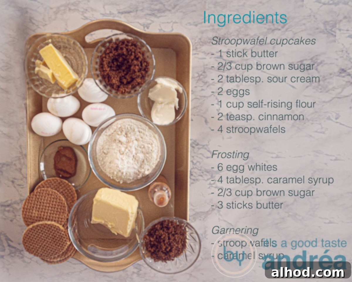 Easy Dutch Stroopwafel Cupcakes 3 Ingredients laid out for Dutch stroopwafel cupcakes, including butter, sugar, eggs, sour cream, flour, cinnamon, and caramel sauce.