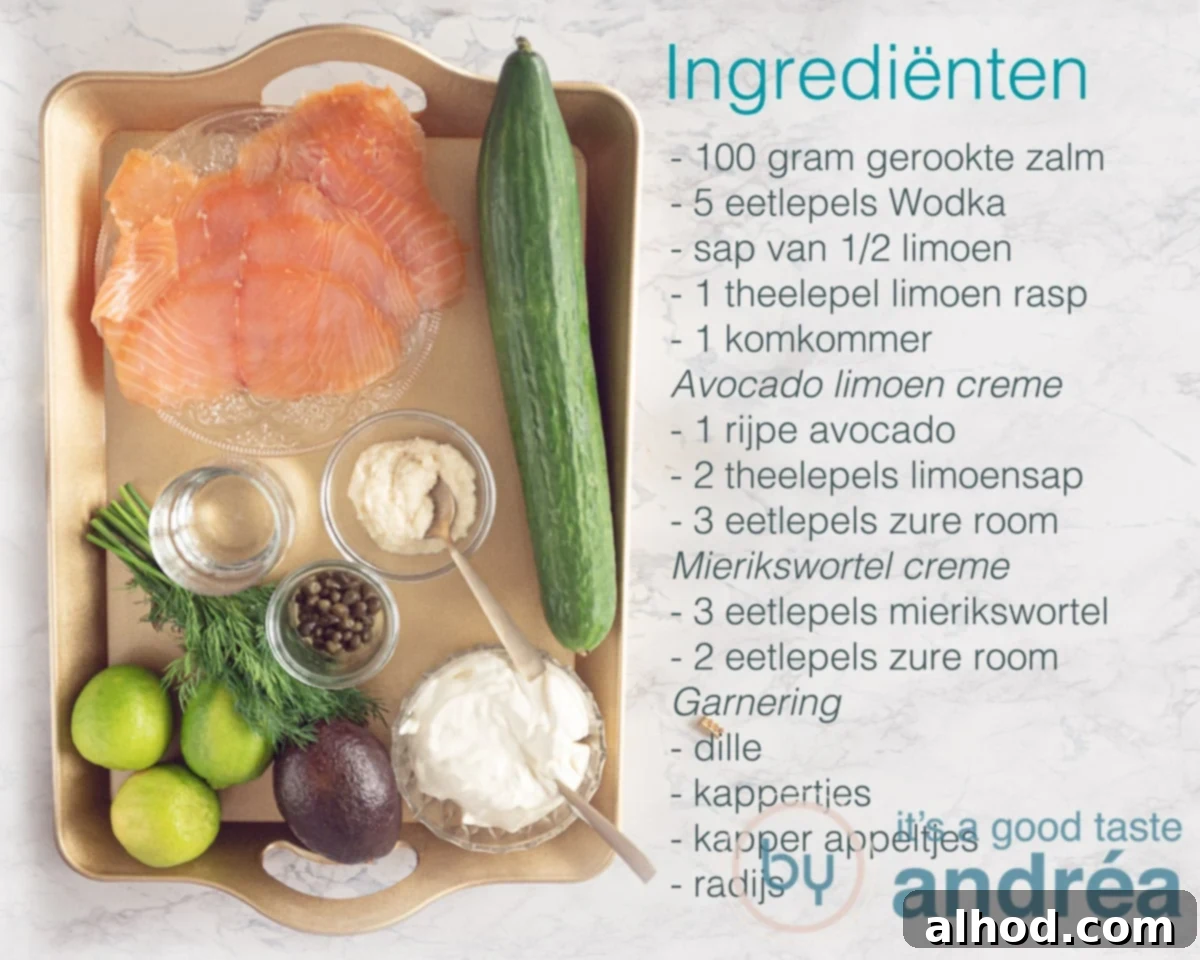 Effortless Smoked Salmon and Cucumber Salad 3 Fresh ingredients laid out for smoked salmon, vodka, avocado, and cucumber salad preparation, including a whole cucumber, ripe avocado, fresh dill, and a bottle of vodka.