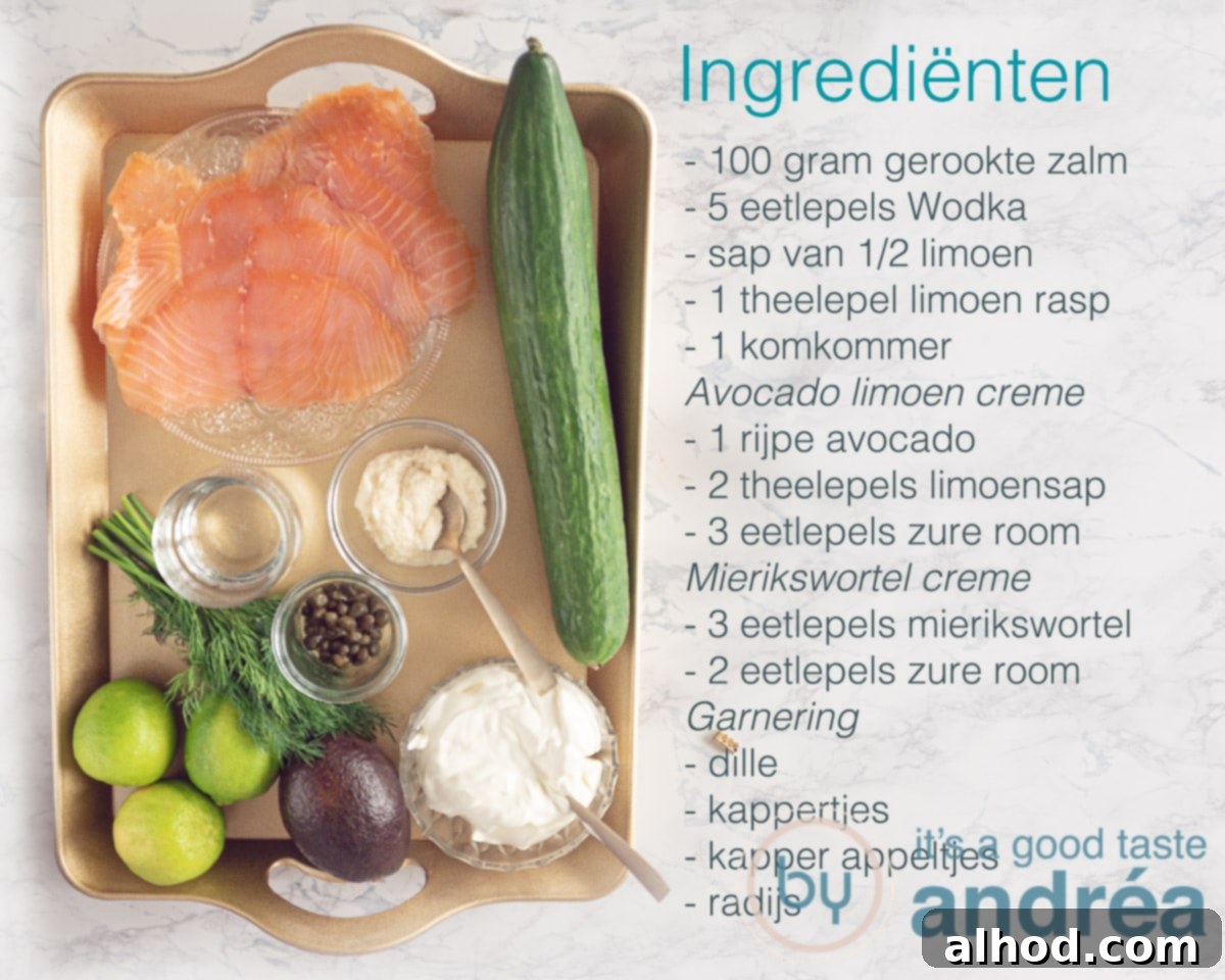 Effortless Smoked Salmon Cucumber Salad 3 Ingredients for smoked salmon, vodka, avocado and cucumber salad laid out on a table