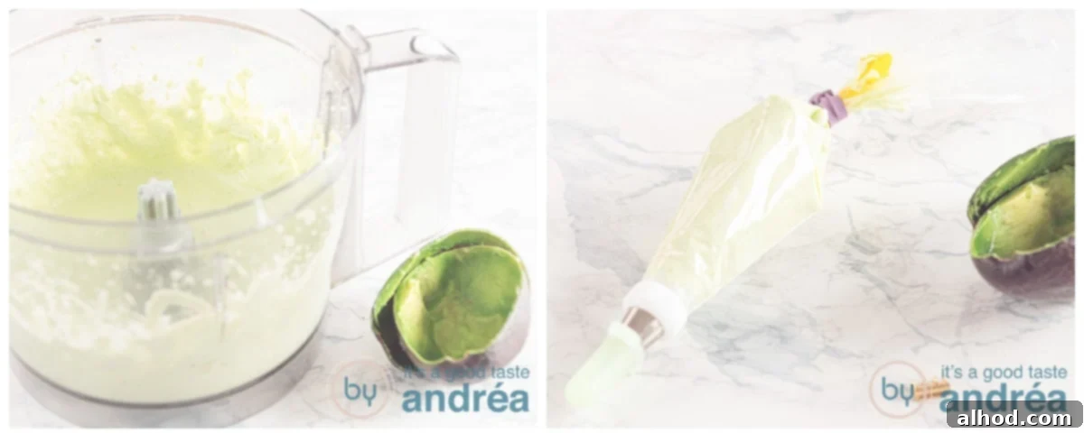 Effortless Smoked Salmon and Cucumber Salad 6 A blender container showing avocado being blended with sour cream and lime juice into a smooth, vibrant green cream.