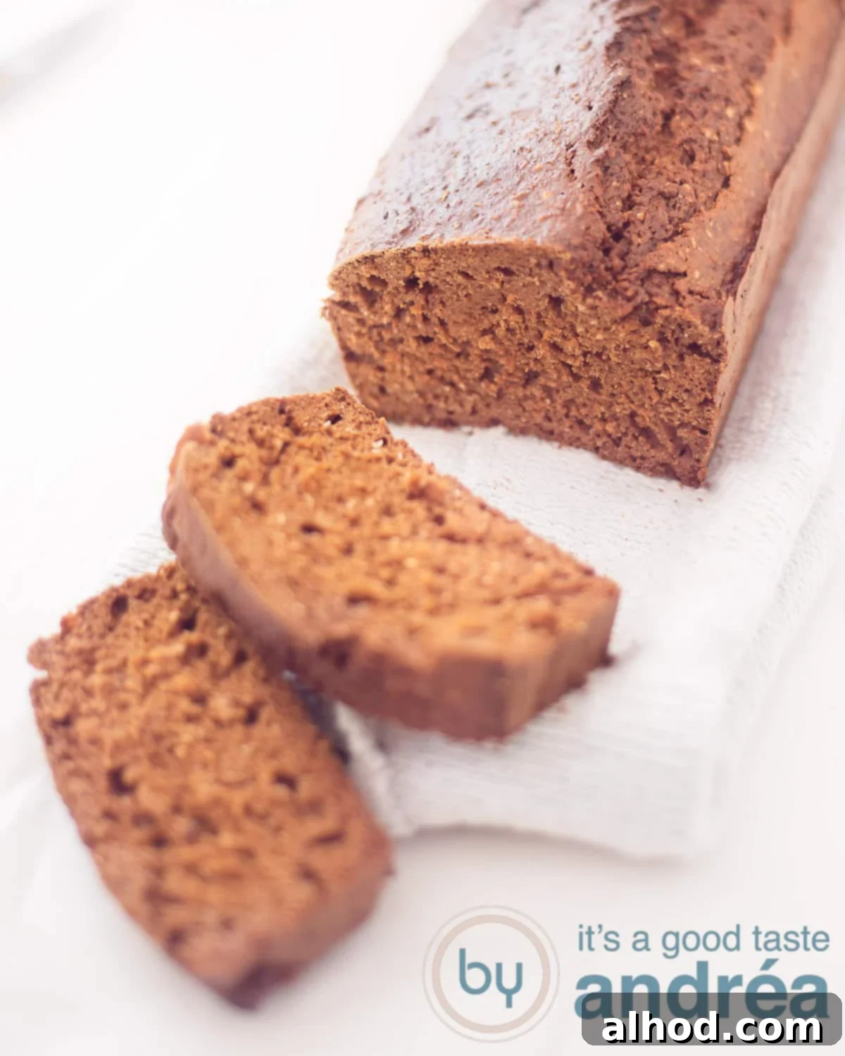 Guilt-Free Sweet Morning Cake 2 A photo of a part of a sugar-free gingerbread with two slices cut off, on a white background. Perfect for a healthy breakfast or snack.
