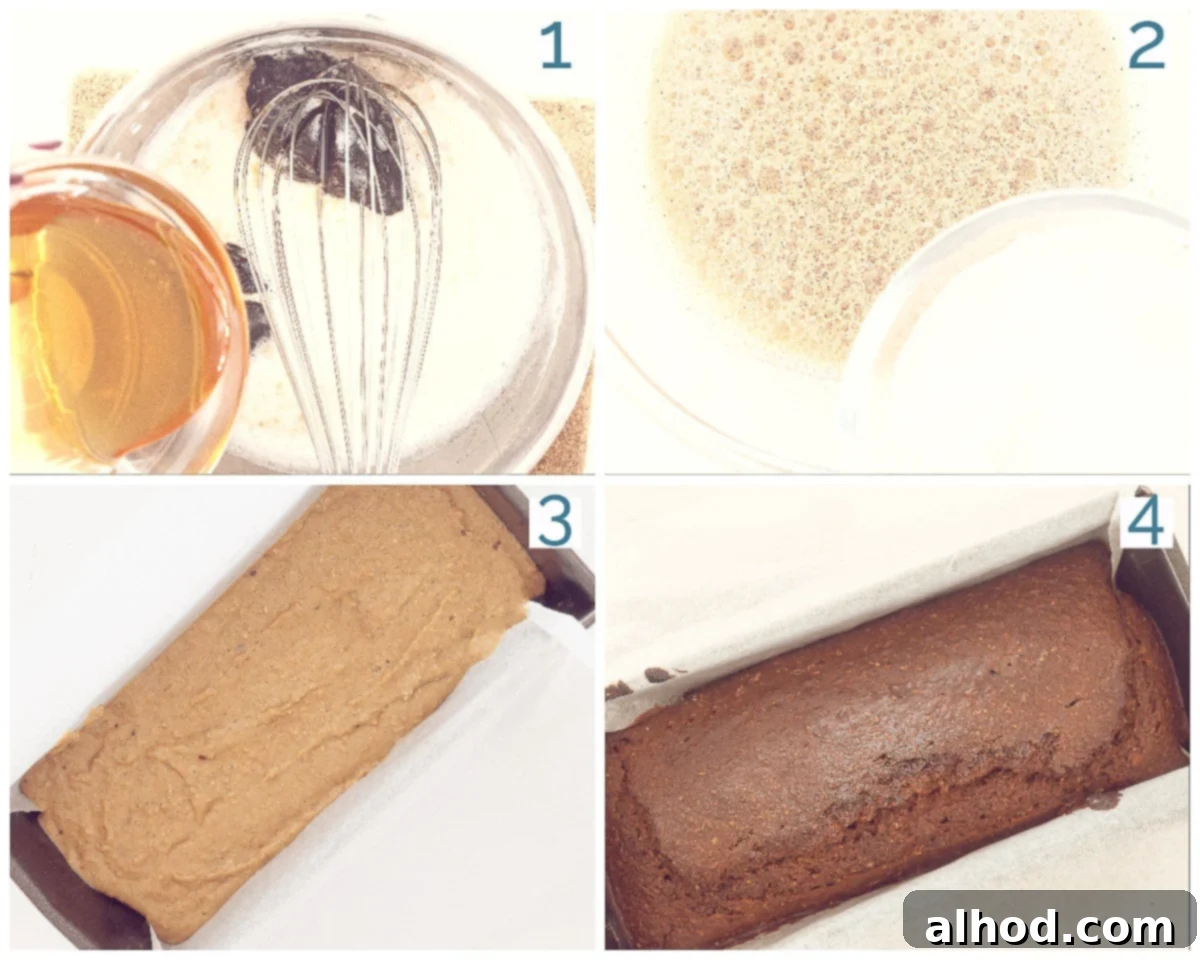Guilt-Free Sweet Morning Cake 4 4 photos preparation collage Healthy Gingerbread Without Sugar, showing steps like mixing ingredients, pouring batter, and the baked cake.