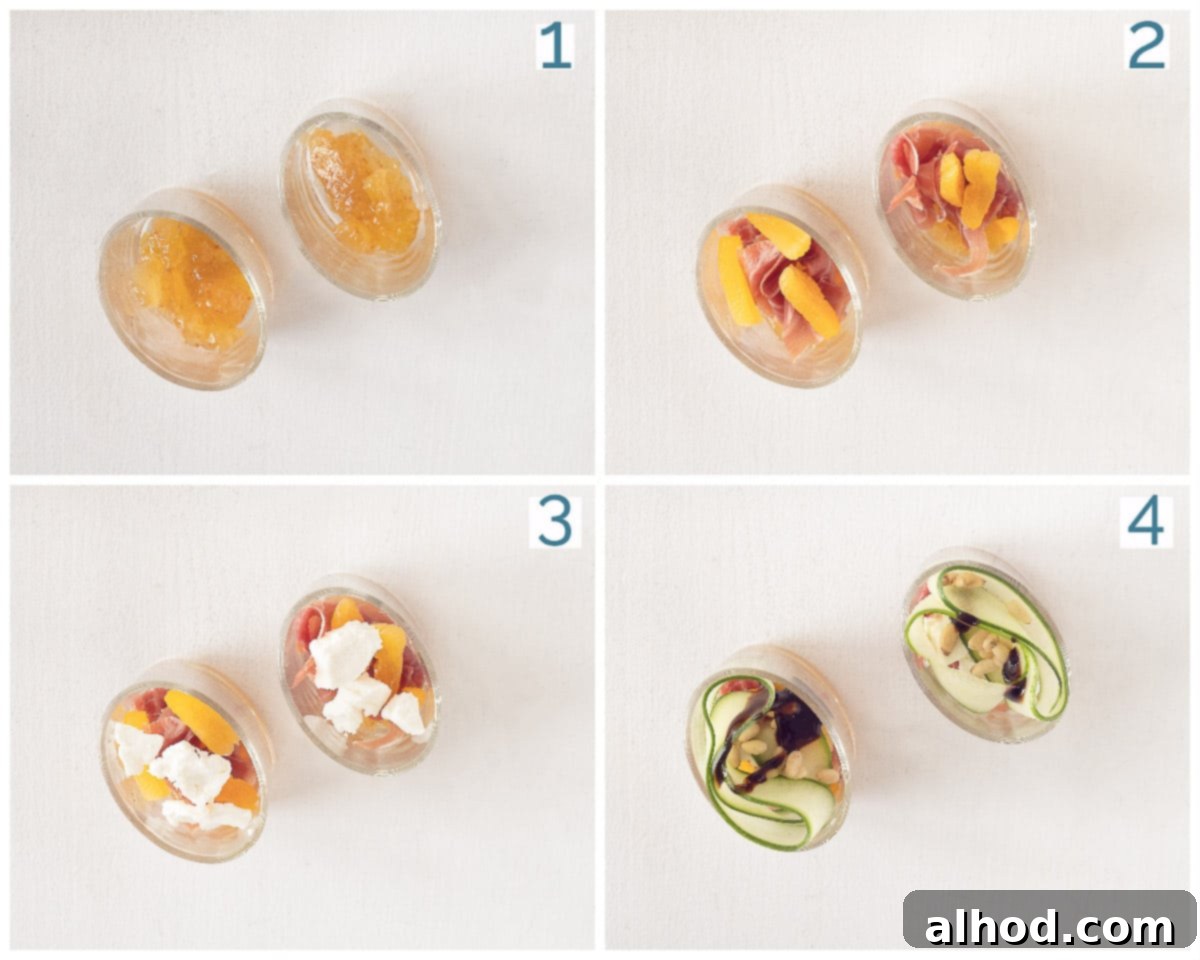 Amuse-Bouche Trio: Ham, Shrimp, Goat Cheese 7 4 photos preparation collage Amuse with Parma ham