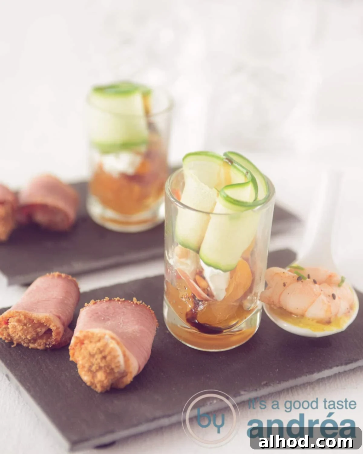Ham Shrimp and Goat Cheese Amuse Bouche Trio 9 a platter with three amuse-bouche with ham, shrimp, chicory and goat cheese