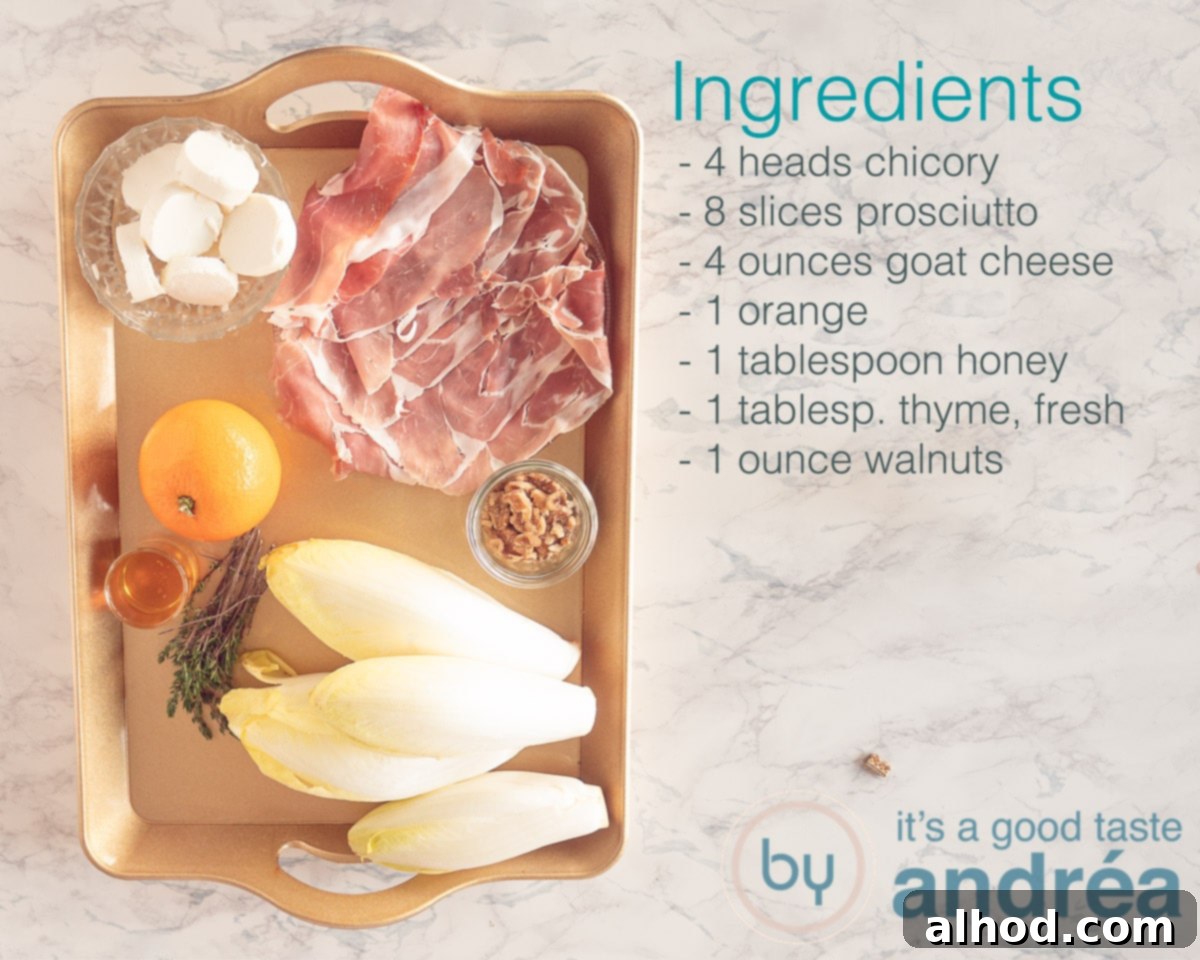 Belgian Endive Bake with Ham and Chevre 3 A selection of fresh ingredients laid out, including whole chicory heads, slices of Prosciutto ham, a block of soft goat cheese, a whole orange, a jar of honey, fresh thyme sprigs, and walnuts, ready for the casserole preparation.