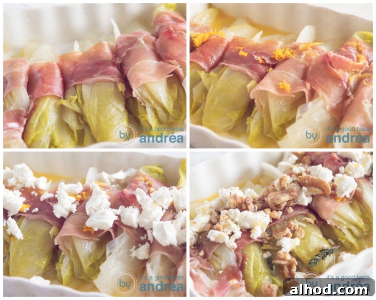 Belgian Endive Bake with Ham and Chevre 7 A step-by-step visual of assembling the chicory casserole: orange juice being poured, followed by grated zest, crumbled goat cheese, honey drizzle, and walnuts, ready for baking.