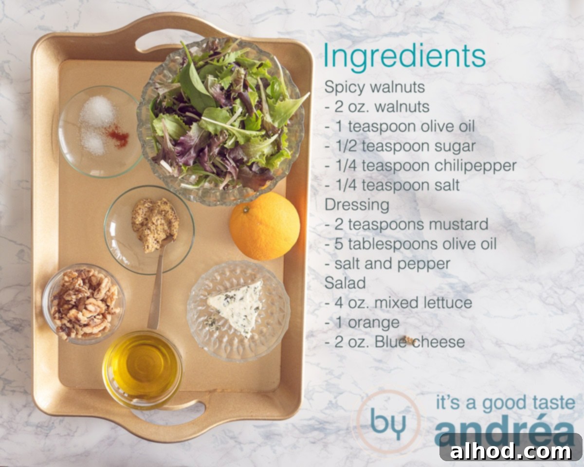 Spicy Blue Cheese Salad with Walnuts and Orange 3 Ingredients for spicy blue cheese salad: walnuts, orange, blue cheese, lettuce, and dressing components.