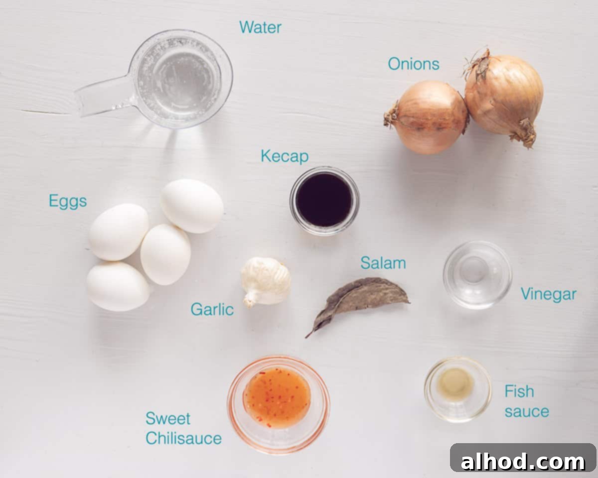 Balinese Aromatic Eggs 3 Ingredients Telur Musak Bali Eggs in Balinese Sauce individually labeled on a white background