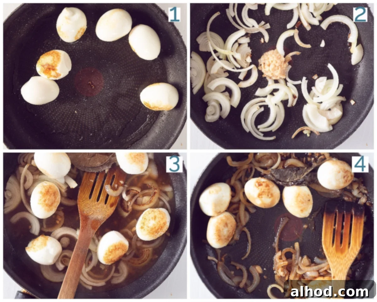 Balinese Spiced Eggs 4 A four-panel photo collage illustrating the preparation steps for Balinese Eggs (Telur Musak Bali). The images show: 1) Frying the peeled hard-boiled eggs until golden. 2) Sautéing sliced onions and minced garlic. 3) Adding the sauce ingredients to the pan. 4) The eggs simmering in the rich, thickened Balinese sauce.