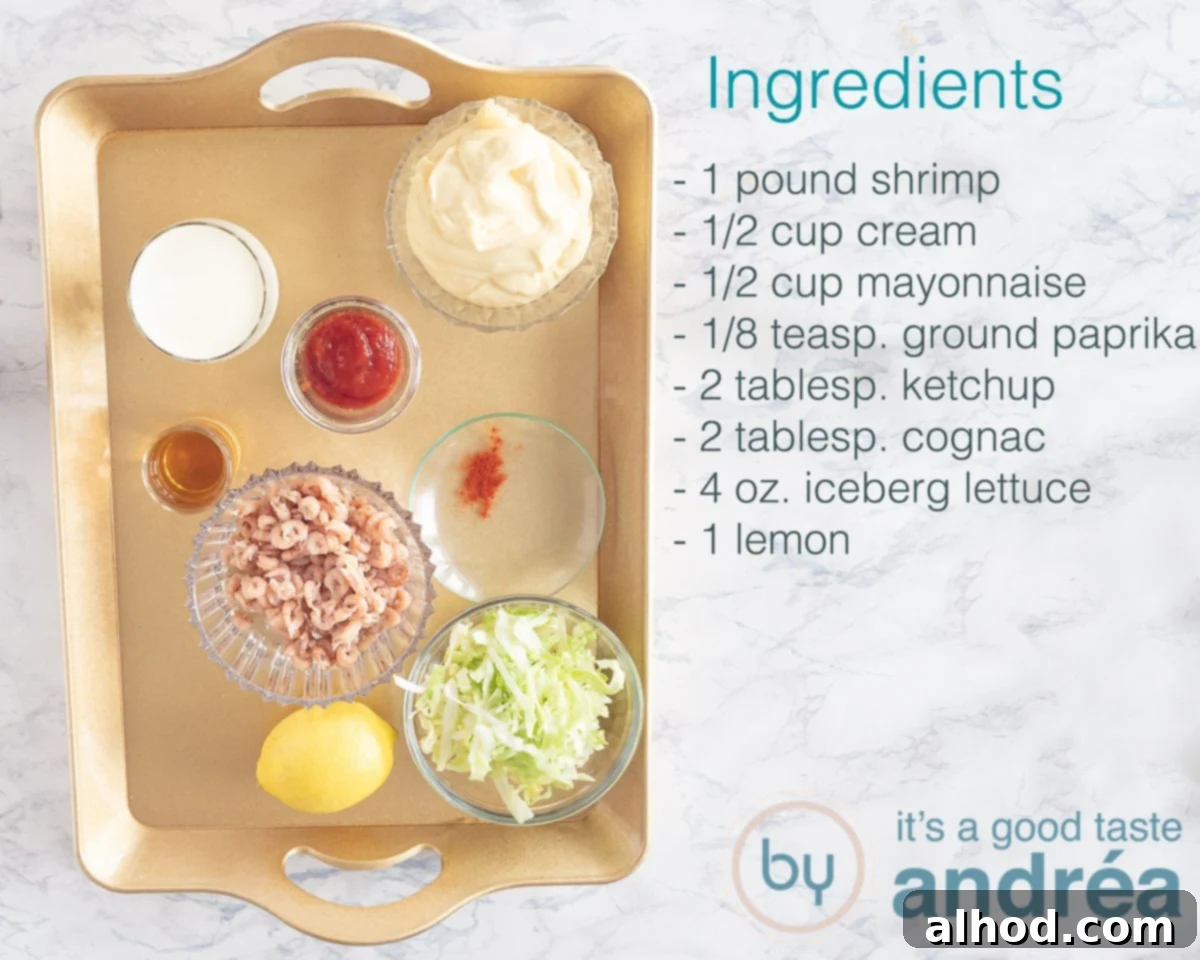 Deluxe Dutch Shrimp Cocktail with Homemade Whiskey Sauce 3 A flat lay photo showing all ingredients needed for a Dutch shrimp cocktail, including shrimp, lettuce, lemon, and sauce components.
