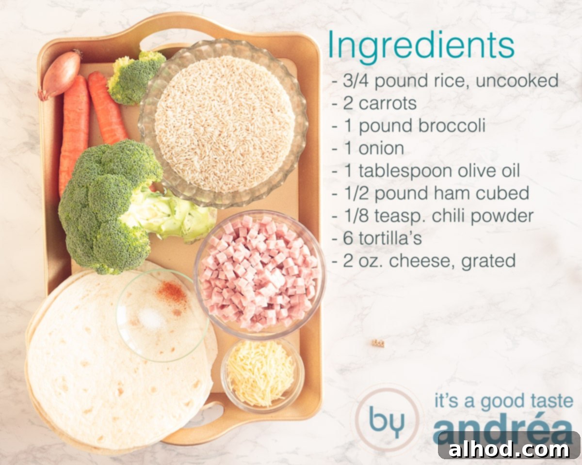 Delicious Ham and Carrot Rice Bake 3 A colorful array of ingredients for the wraps: uncooked white rice, fresh broccoli florets, whole carrots, a single onion, and cubed ham, all laid out on a white surface