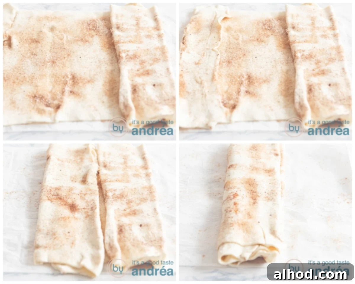 Simple 3-Ingredient Cinnamon Palmiers 5 Rolling the puff pastry (with sprinkled cinnamon sugar)