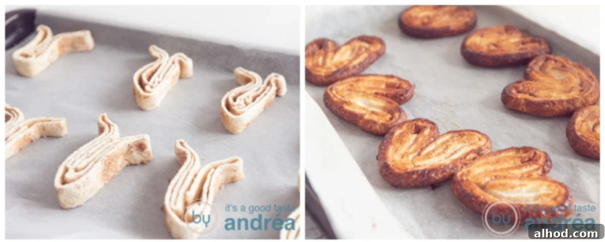 Simple 3-Ingredient Cinnamon Palmiers 7 Unbaked and baked palmiers on a baking plate