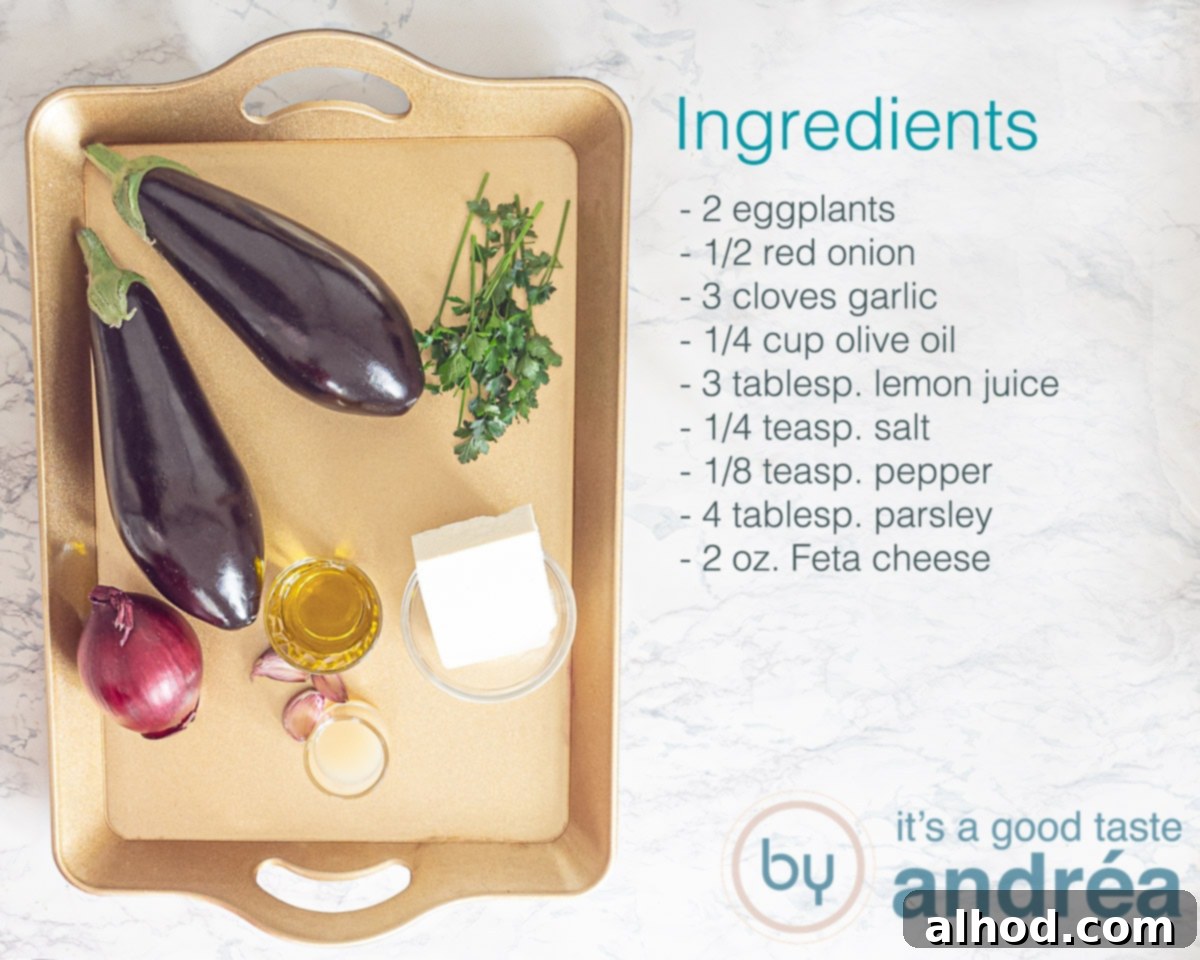 Melitzanosalata: Authentic Greek Roasted Eggplant Dip 3 Fresh ingredients for Melitzanosalata laid out on a wooden board: eggplants, red onion, garlic, parsley, lemon, and a block of Feta cheese.