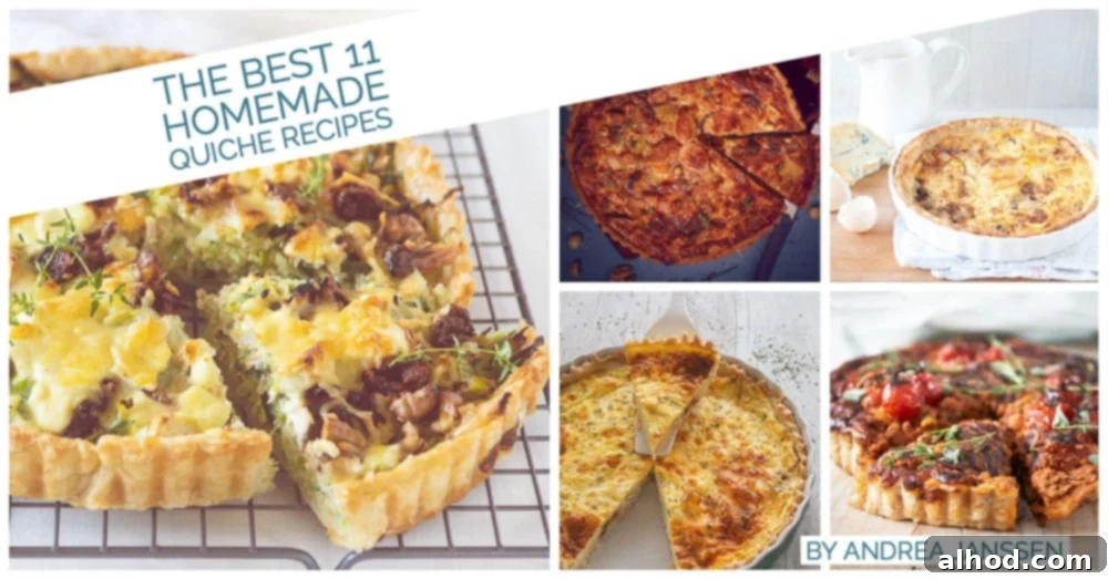 A collage featuring five different quiches with a text overlay '11 delicious quiche recipes'. Each quiche looks appealing and ready to eat.
