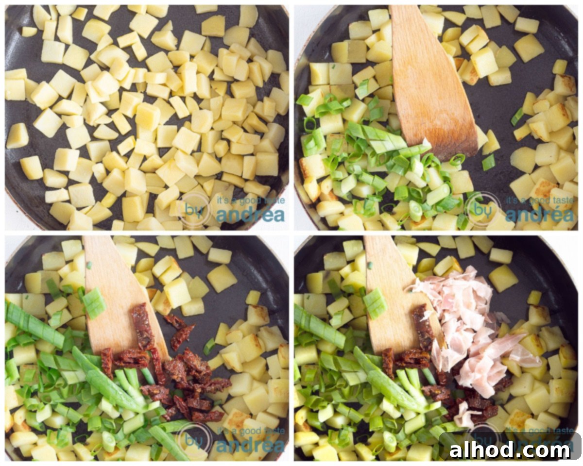 Savory Bacon and Golden Spanish Tortilla Bake 4 Prepare the filling in four steps. Fry the potatoes, add the onions, tomatoes and bacon