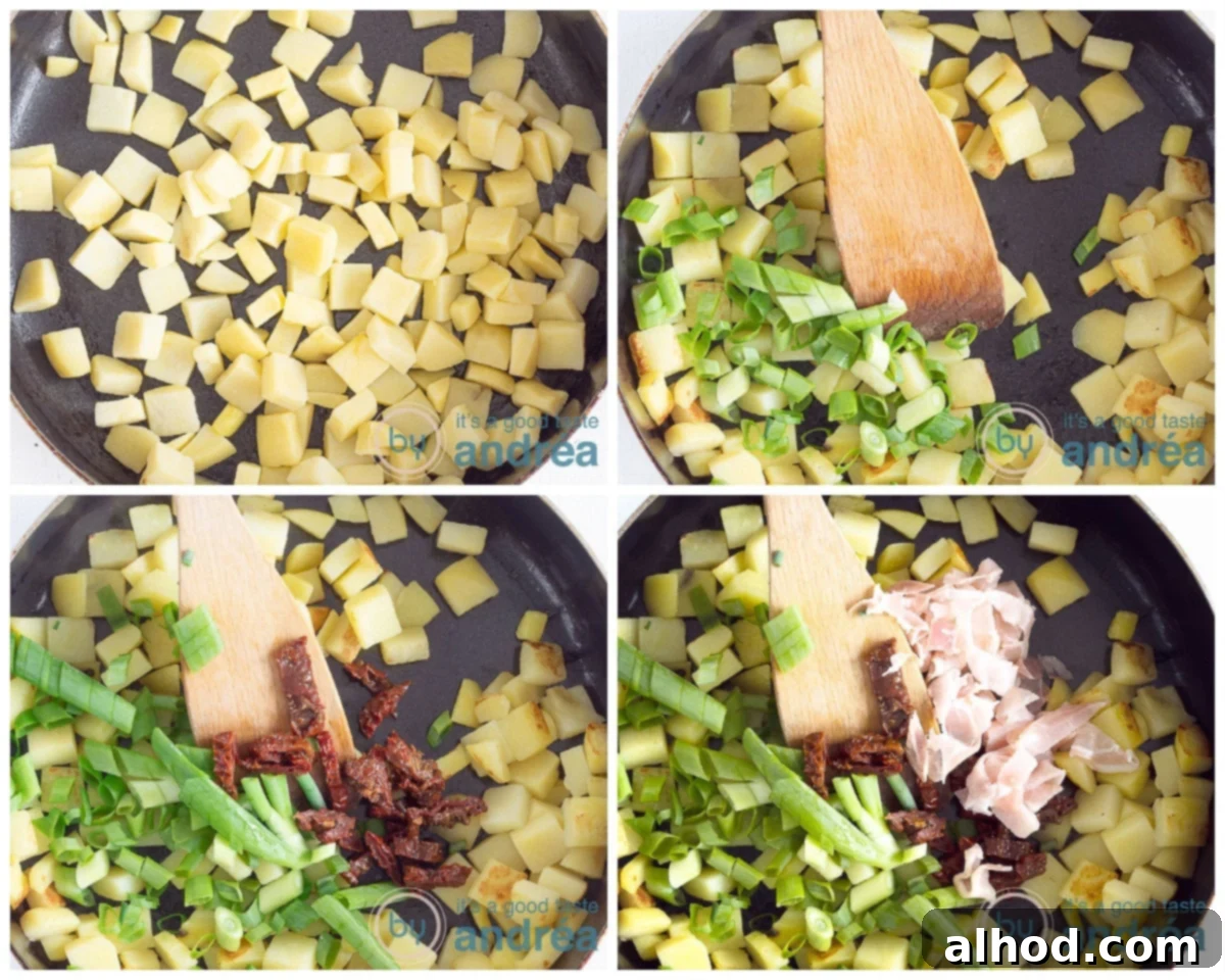 Oven-Baked Spanish Tortilla with Crispy Bacon 4 Prepare the filling in four steps. Fry the potatoes, add the onions, tomatoes and bacon