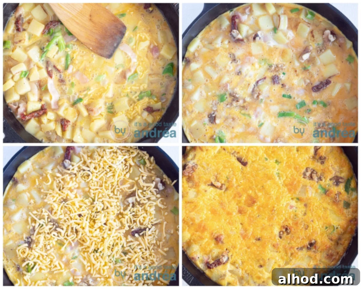 Savory Bacon and Golden Spanish Tortilla Bake 6 Bake the tortilla in four steps, first bake on the stove, add the cheese and bake further in the oven