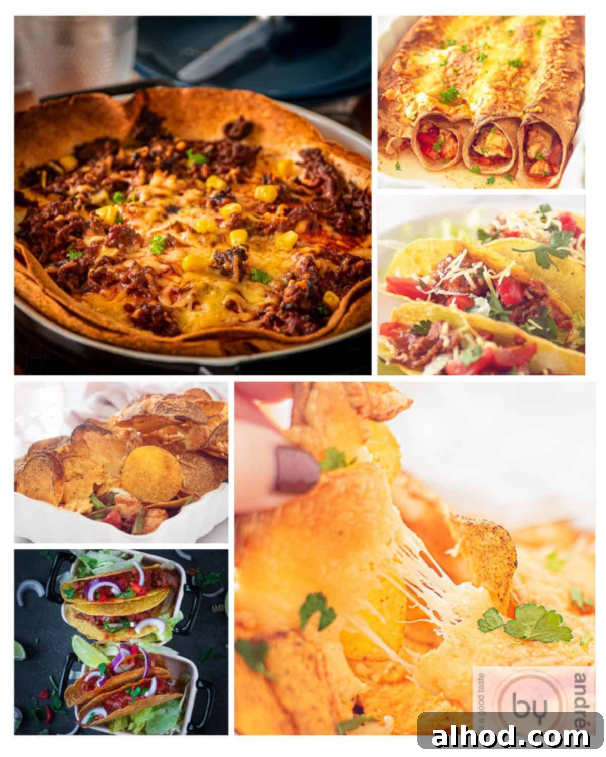 11 Amazing Mexican Recipes to Ignite Your Home Fiesta 2 A six-picture collage showcasing various tempting Mexican recipes, including tacos, enchiladas, and nacho casseroles, highlighting the vibrant colors and fresh ingredients of Mexican cuisine.