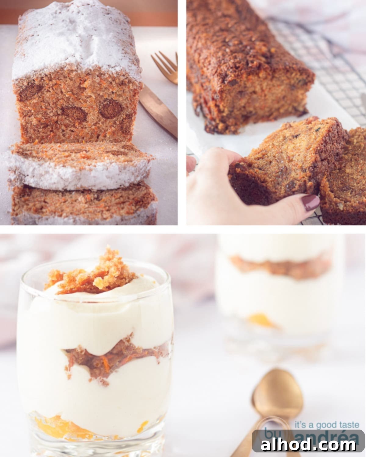 Four Divine Carrot Cake Masterpieces 2 A height picture with a three collage picture of two carrot cake recipes and at the bottom a carrot cake parfait