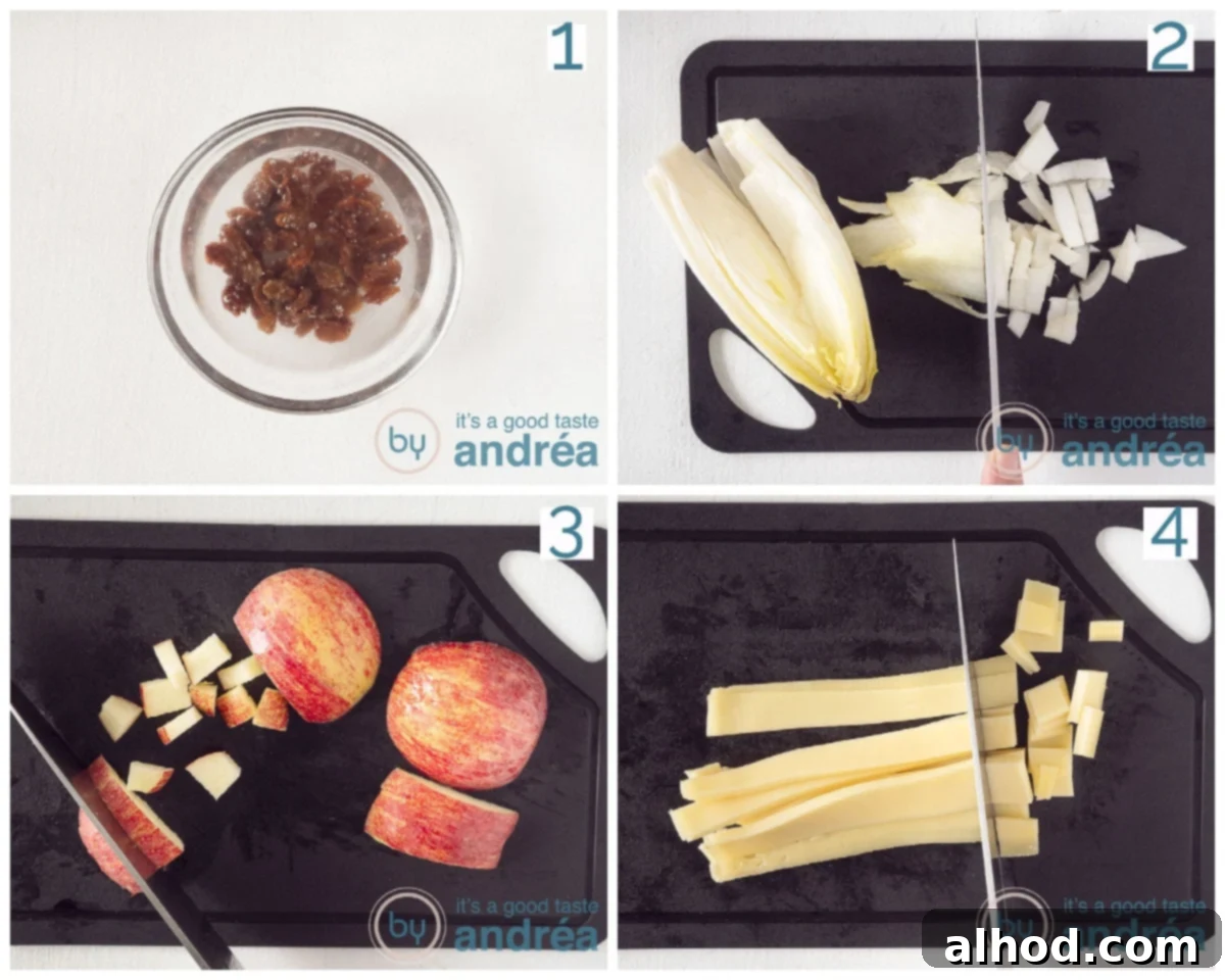 A visual guide showing four sequential photos of the salad preparation: soaking raisins, cutting chicory, dicing apples, and cubing cheese, clearly illustrating the prep steps.