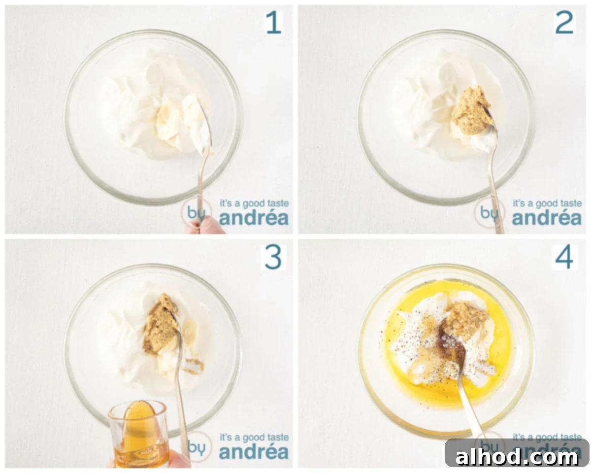 A four-photo sequence showing the process of making the creamy honey mustard yogurt dressing: adding yogurt, mustard, honey/syrup, and finally whisking all ingredients together in a small bowl.
