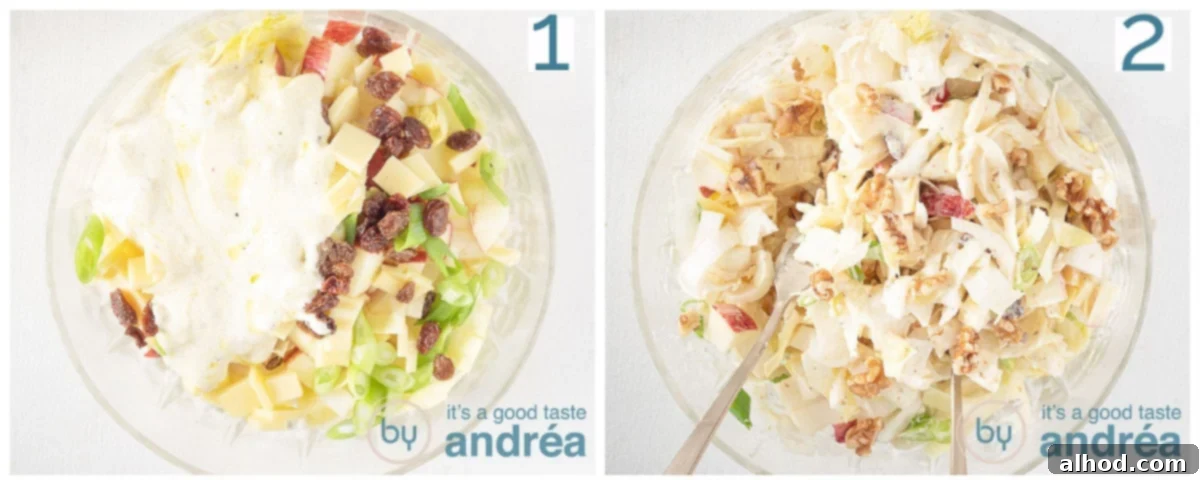 Two side-by-side photos demonstrating the final steps: first, pouring the creamy dressing over the assembled salad ingredients, and second, sprinkling the chopped walnuts on top just before serving.