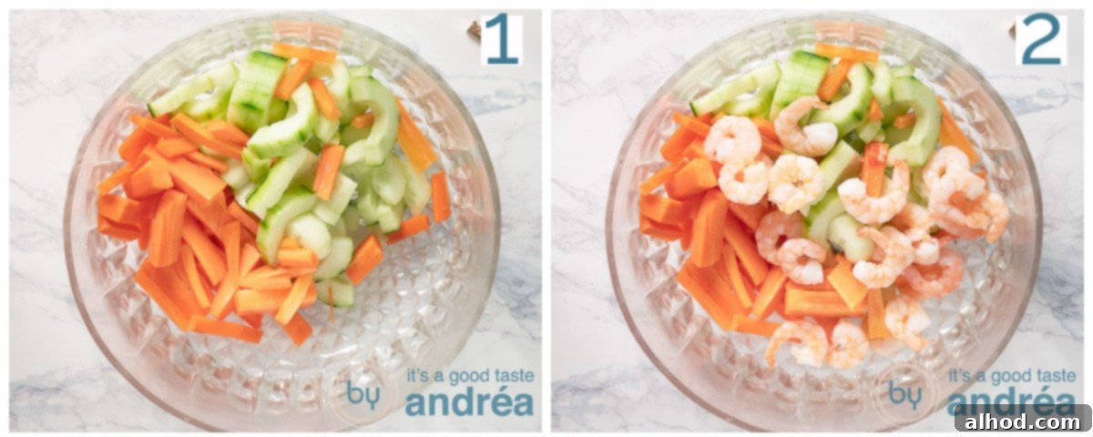 Indonesian Noodle Salad with Shrimp 6 a glass bowl which is filled with veggies and shrimp