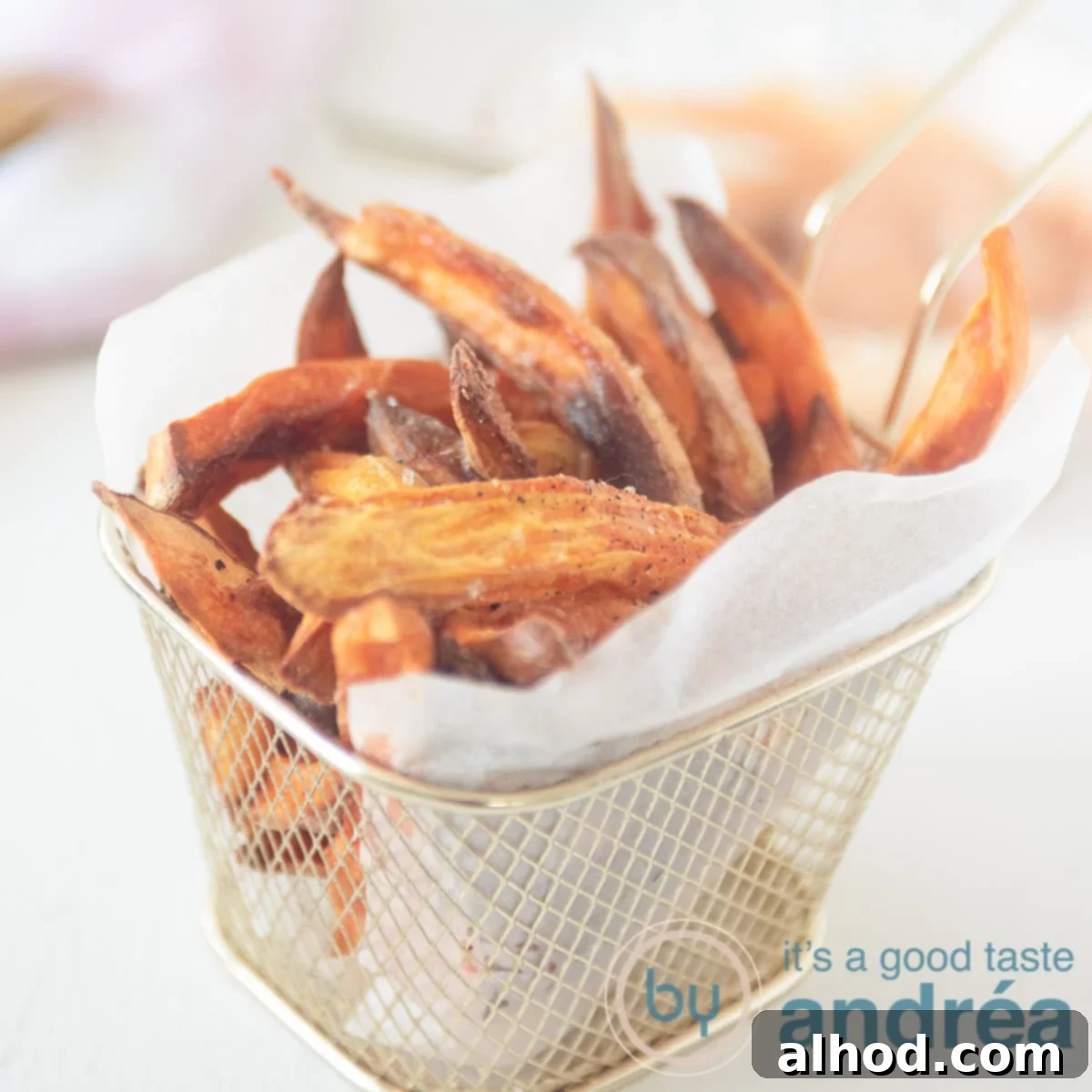 Crispy Air Fryer Sweet Potatoes with Creamy Dipping Sauce 9 A square photo with a bowl filled with sweet potato fries