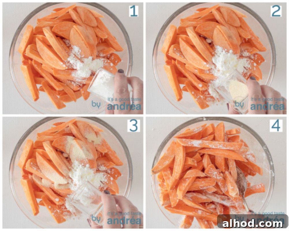 Crispy Air Fryer Sweet Potatoes with Creamy Dipping Sauce 5 four photos showing the seasoning of the sweet potatoes