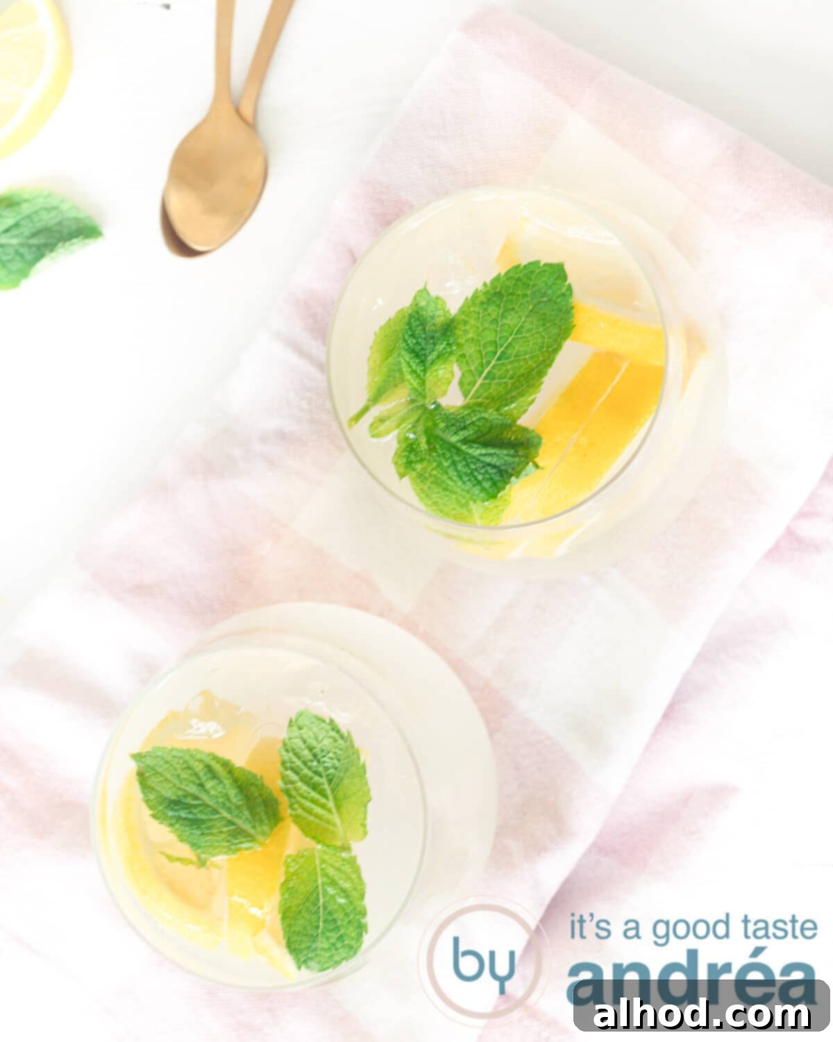 Zesty Limoncello Gin Cocktail 2 A photo from the top showing two glasses filled with a cocktail with lemon and gin