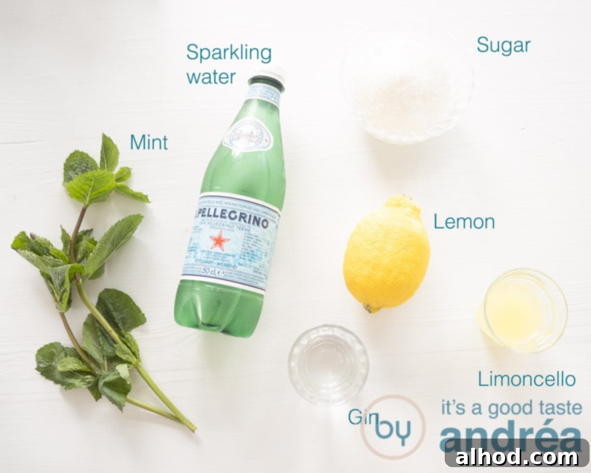 Zesty Limoncello Gin Cocktail 3 Ingredients to prepare a Limoncello Gin Cocktail on a white background