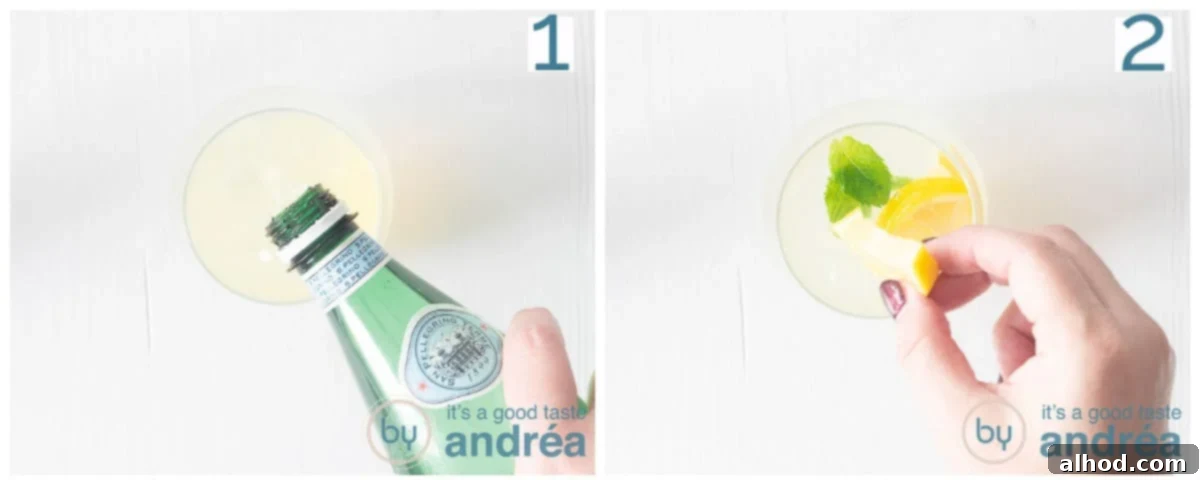 Zesty Limoncello Gin Cocktail 7 Two photos adding sparkling water and lemon to the glass